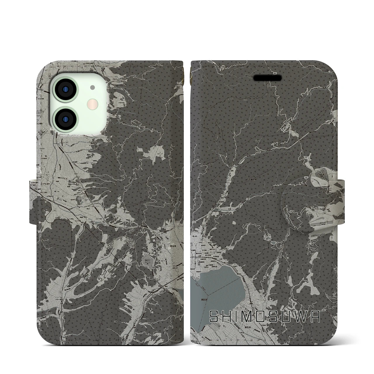 【下諏訪(長野県)】地図柄iPhoneケース(手帳タイプ)モノトーン・iPhone 12 mini 用