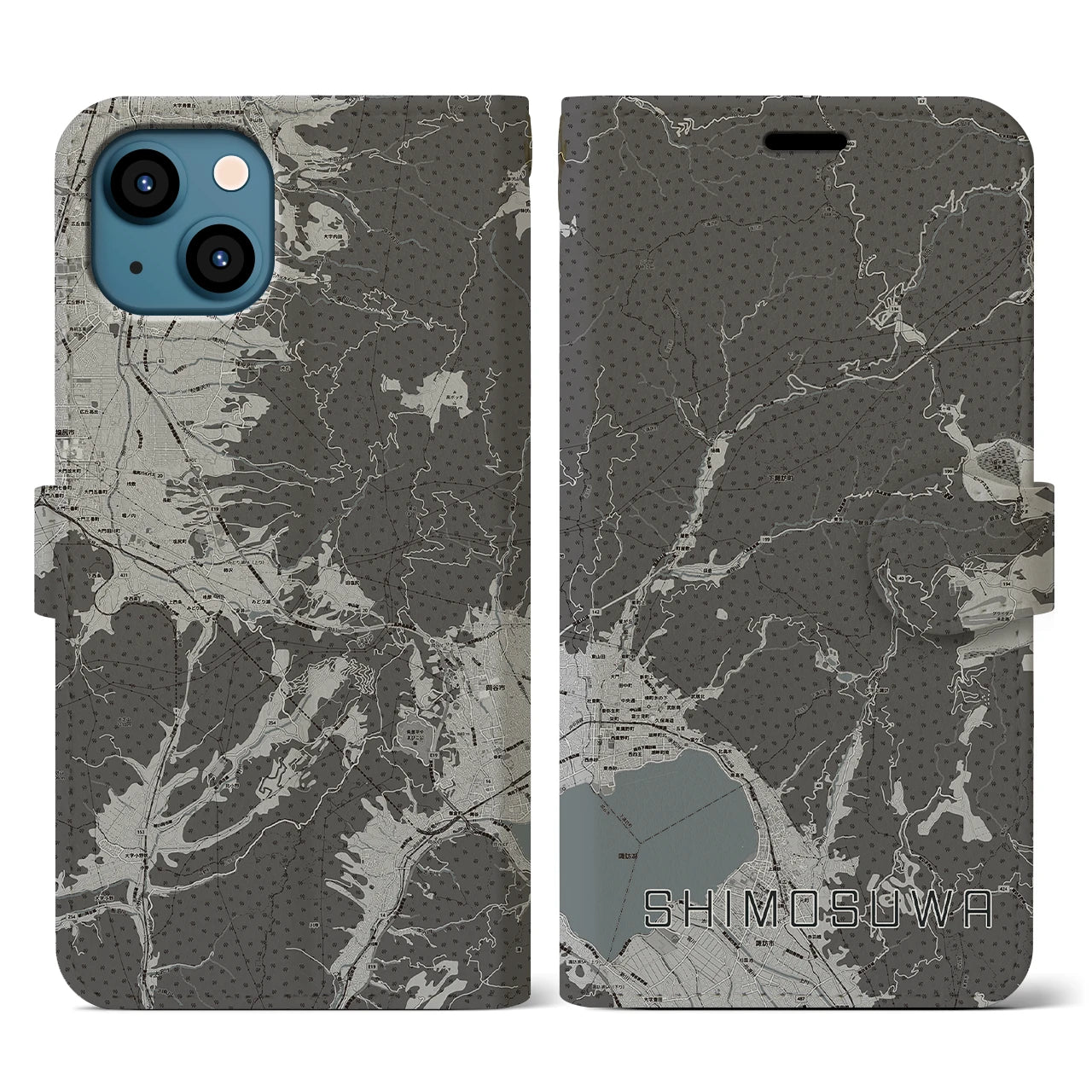 【下諏訪(長野県)】地図柄iPhoneケース(手帳タイプ)モノトーン・iPhone 13 用