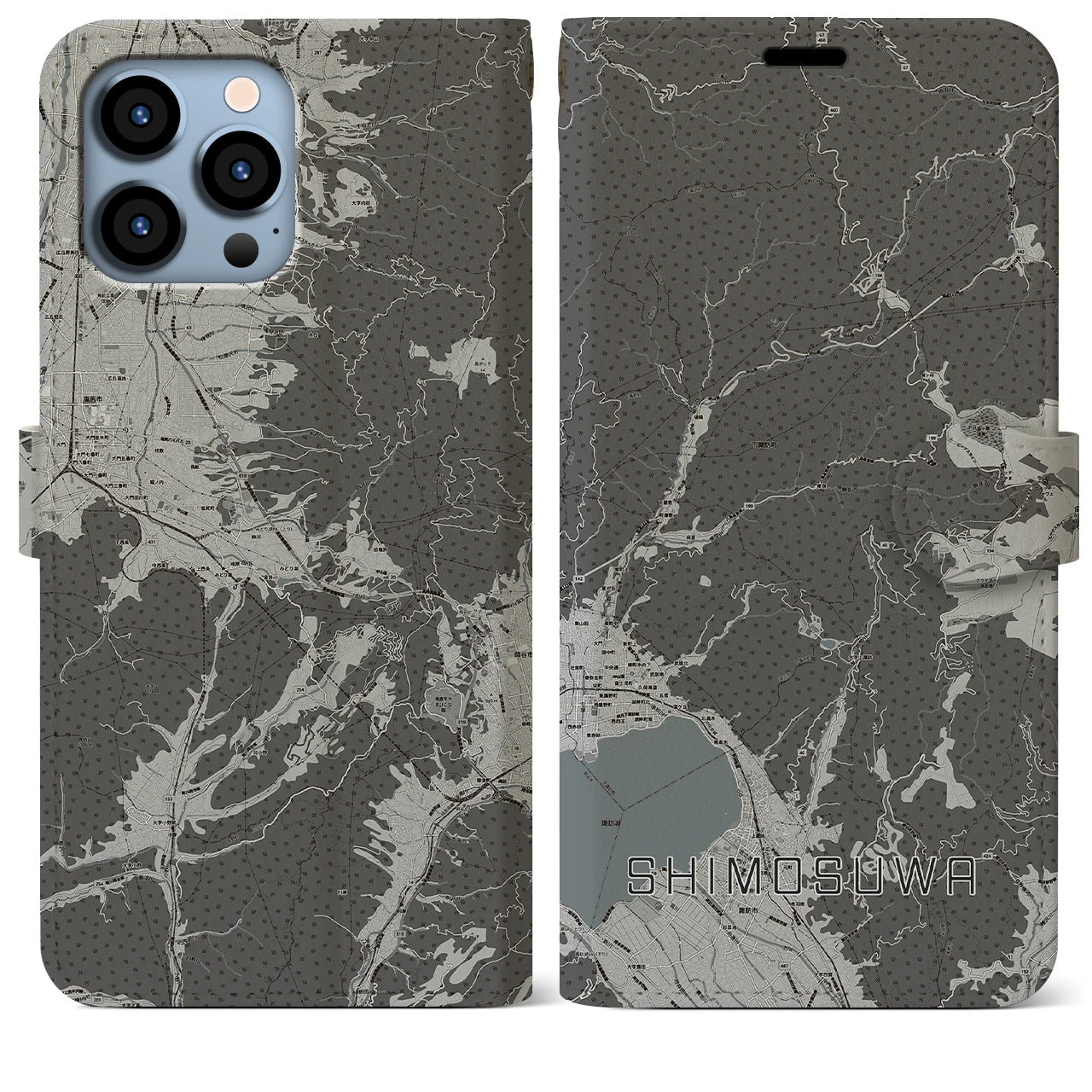 【下諏訪(長野県)】地図柄iPhoneケース(手帳タイプ)モノトーン・iPhone 13 Pro Max 用