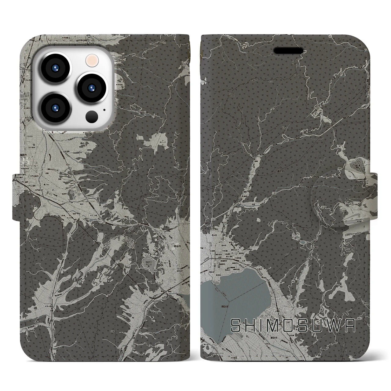【下諏訪(長野県)】地図柄iPhoneケース(手帳タイプ)モノトーン・iPhone 13 Pro 用