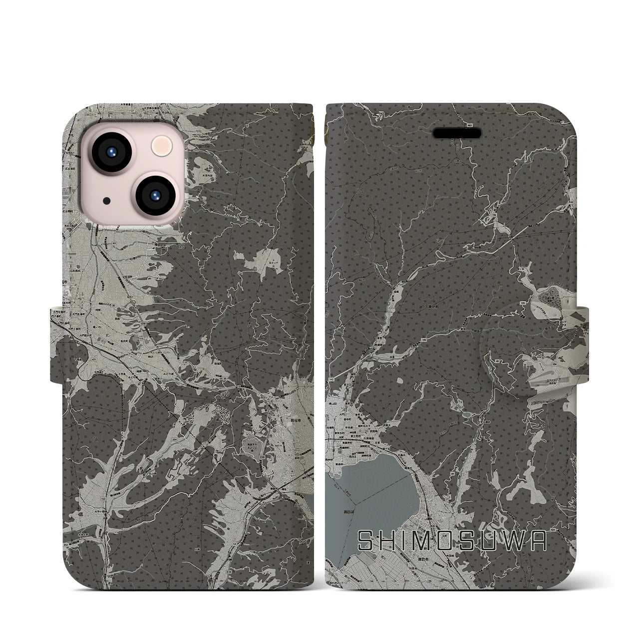 【下諏訪(長野県)】地図柄iPhoneケース(手帳タイプ)モノトーン・iPhone 13 mini 用