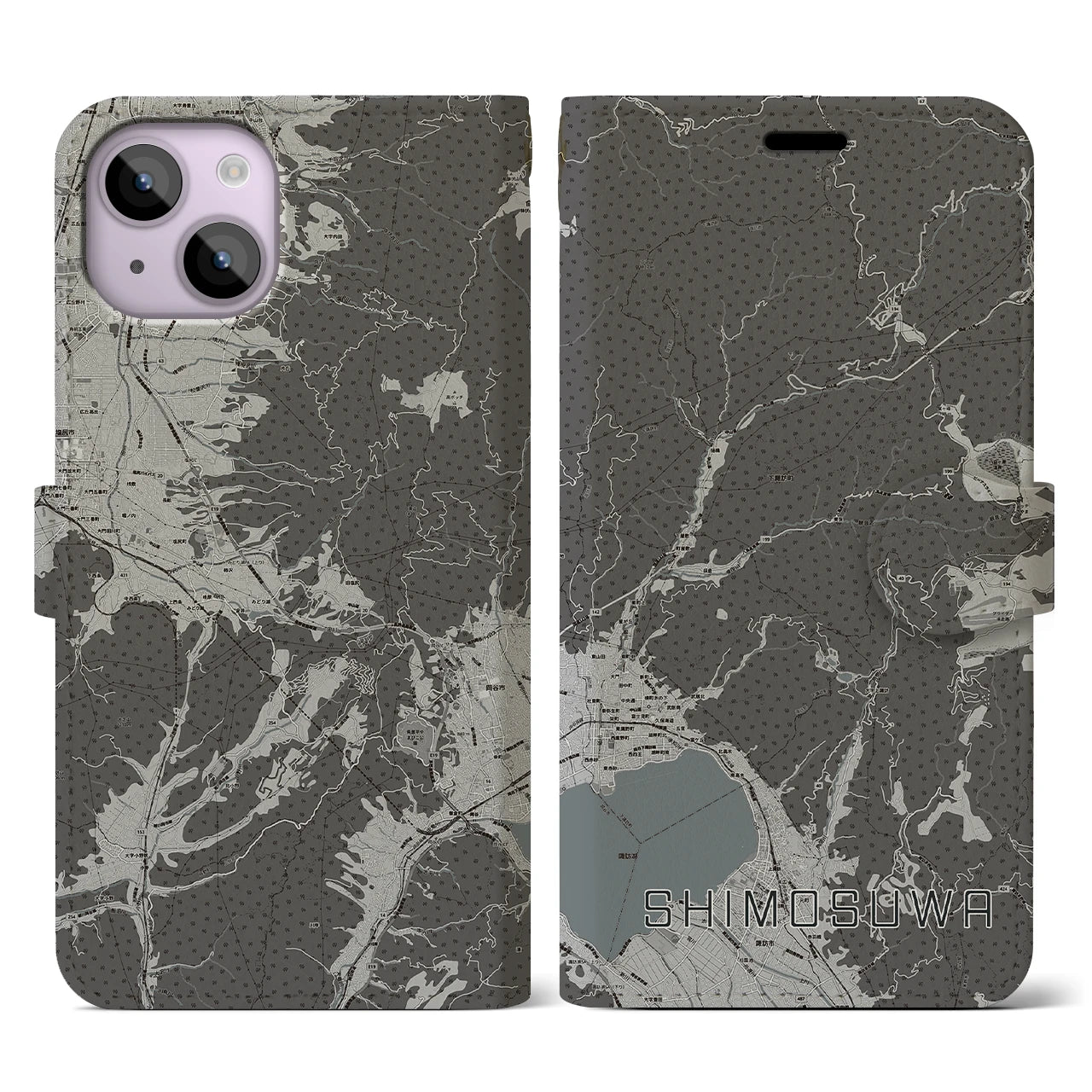【下諏訪(長野県)】地図柄iPhoneケース(手帳タイプ)モノトーン・iPhone 14 用