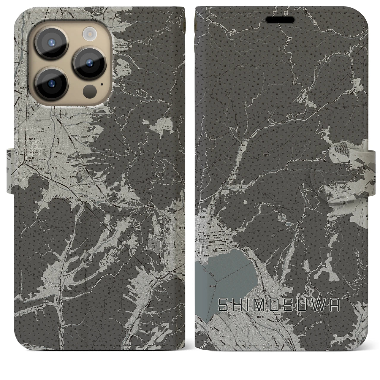 【下諏訪(長野県)】地図柄iPhoneケース(手帳タイプ)モノトーン・iPhone 14 Pro Max 用