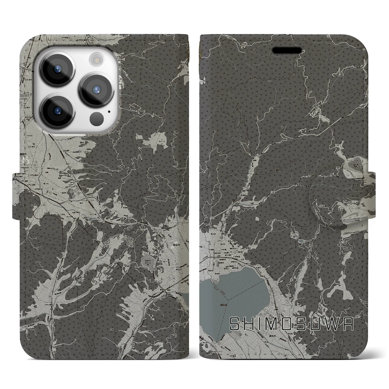 【下諏訪(長野県)】地図柄iPhoneケース(手帳タイプ)モノトーン・iPhone 14 Pro 用