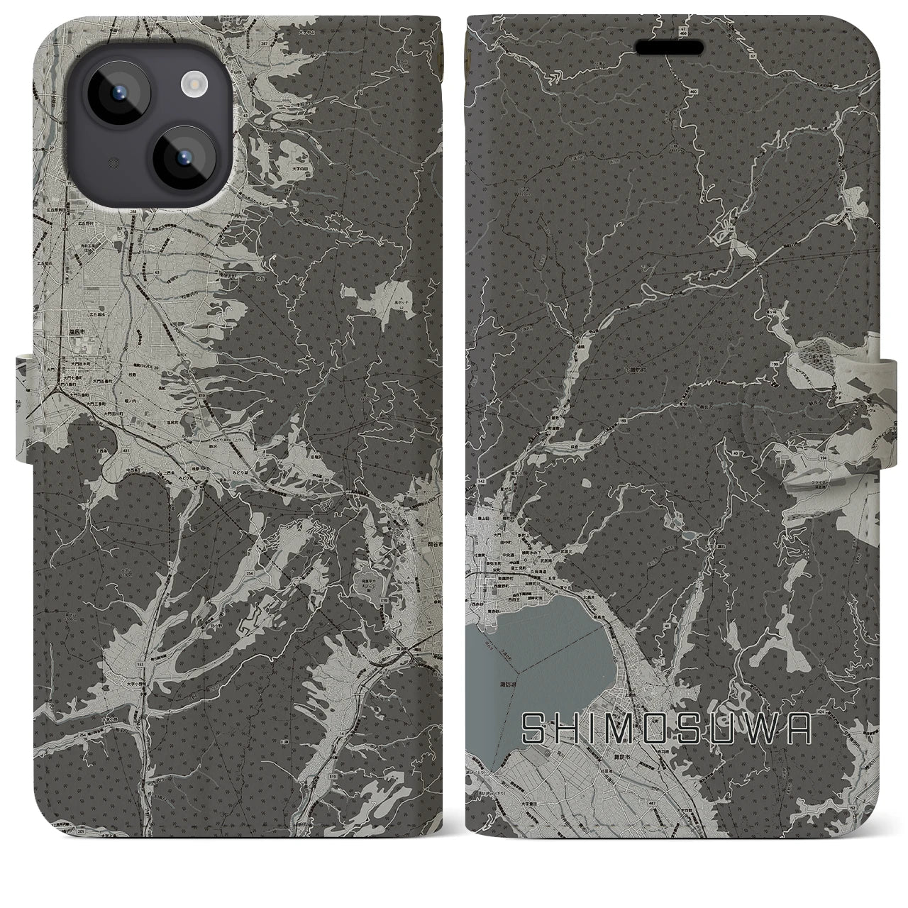 【下諏訪(長野県)】地図柄iPhoneケース(手帳タイプ)モノトーン・iPhone 14 Plus 用