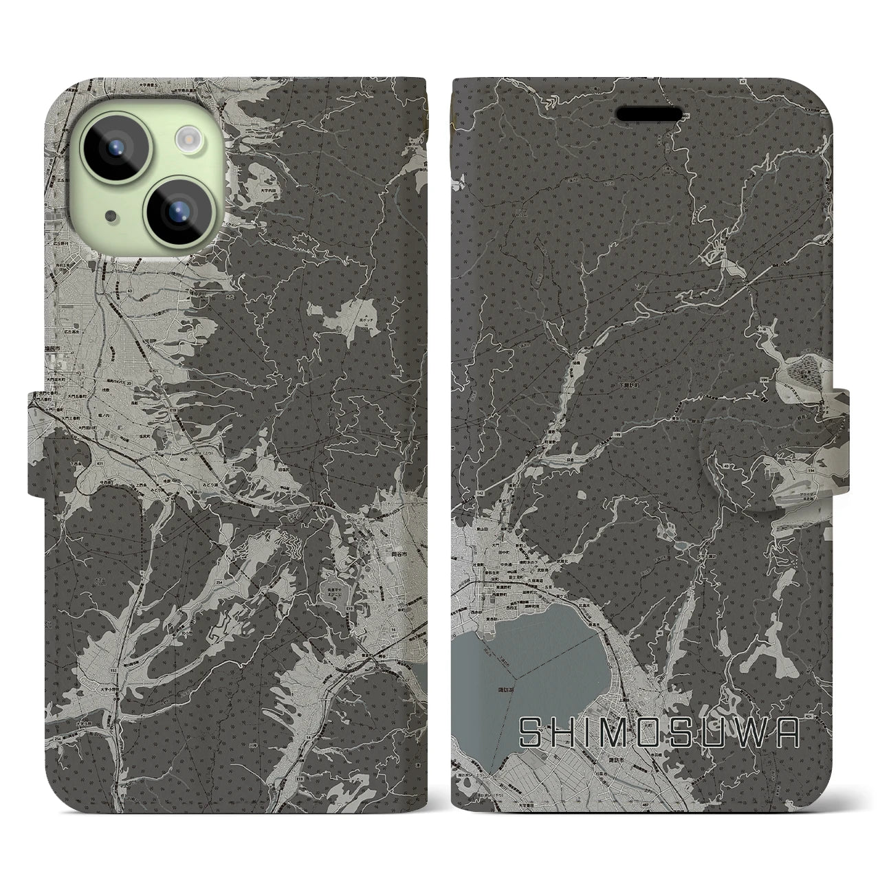 【下諏訪(長野県)】地図柄iPhoneケース(手帳タイプ)モノトーン・iPhone 15 用