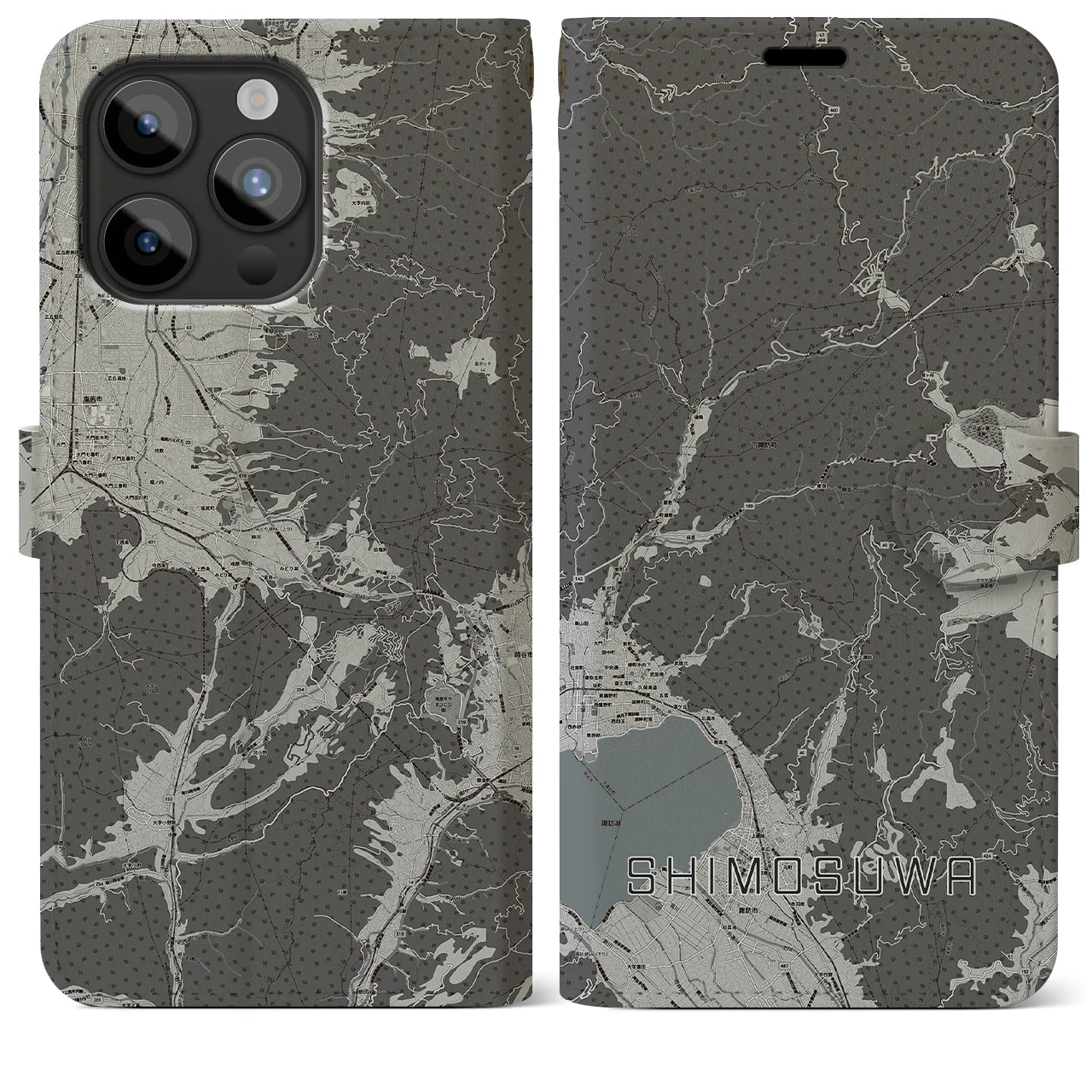 【下諏訪(長野県)】地図柄iPhoneケース(手帳タイプ)モノトーン・iPhone 15 Pro Max 用