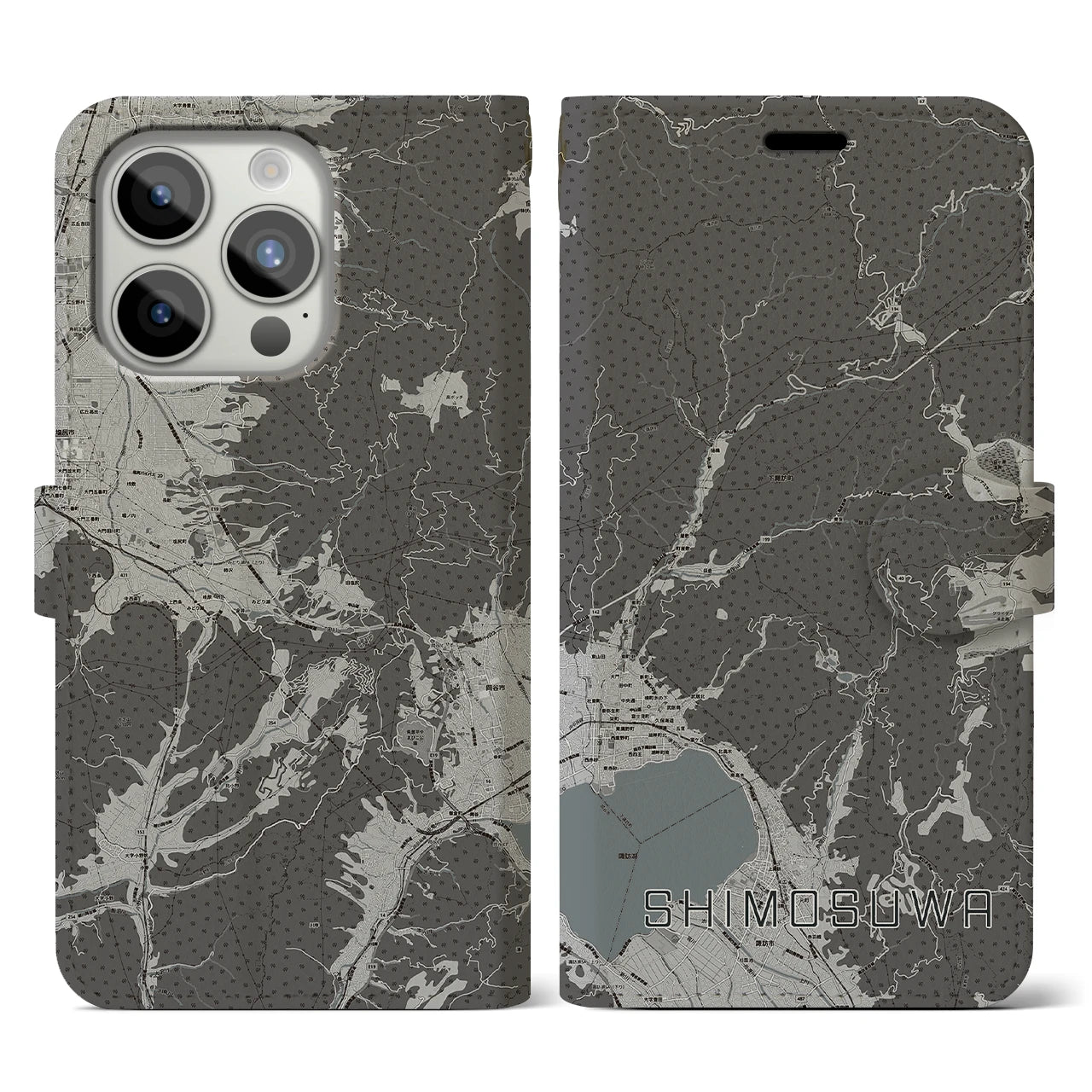 【下諏訪(長野県)】地図柄iPhoneケース(手帳タイプ)モノトーン・iPhone 15 Pro 用