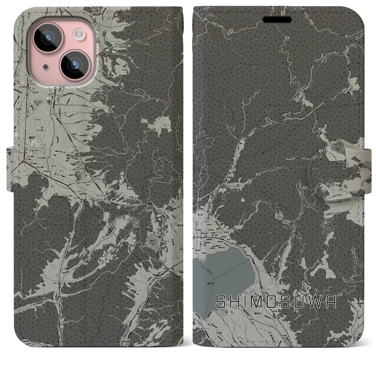 【下諏訪(長野県)】地図柄iPhoneケース(手帳タイプ)モノトーン・iPhone 15 Plus 用