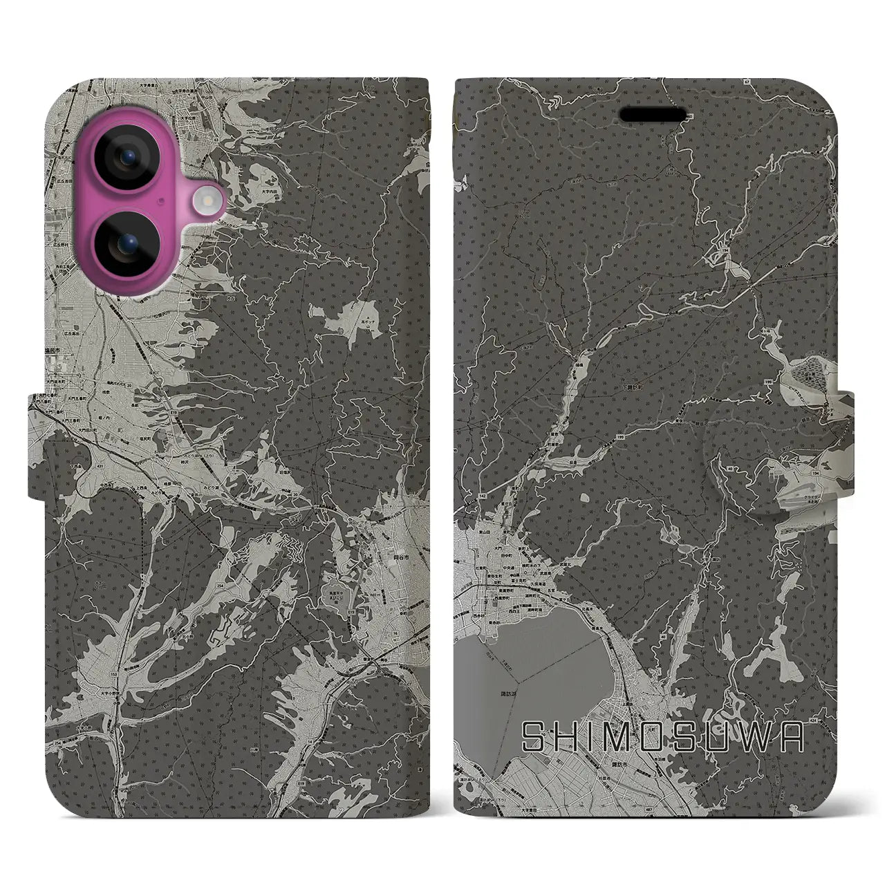【下諏訪(長野県)】地図柄iPhoneケース(手帳タイプ)モノトーン・iPhone 16 Pro 用