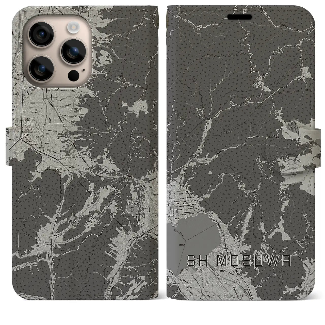 【下諏訪(長野県)】地図柄iPhoneケース(手帳タイプ)モノトーン・iPhone 16 Plus 用