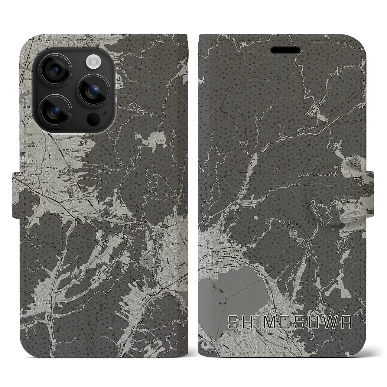【下諏訪(長野県)】地図柄iPhoneケース(手帳タイプ)モノトーン・iPhone 16 用