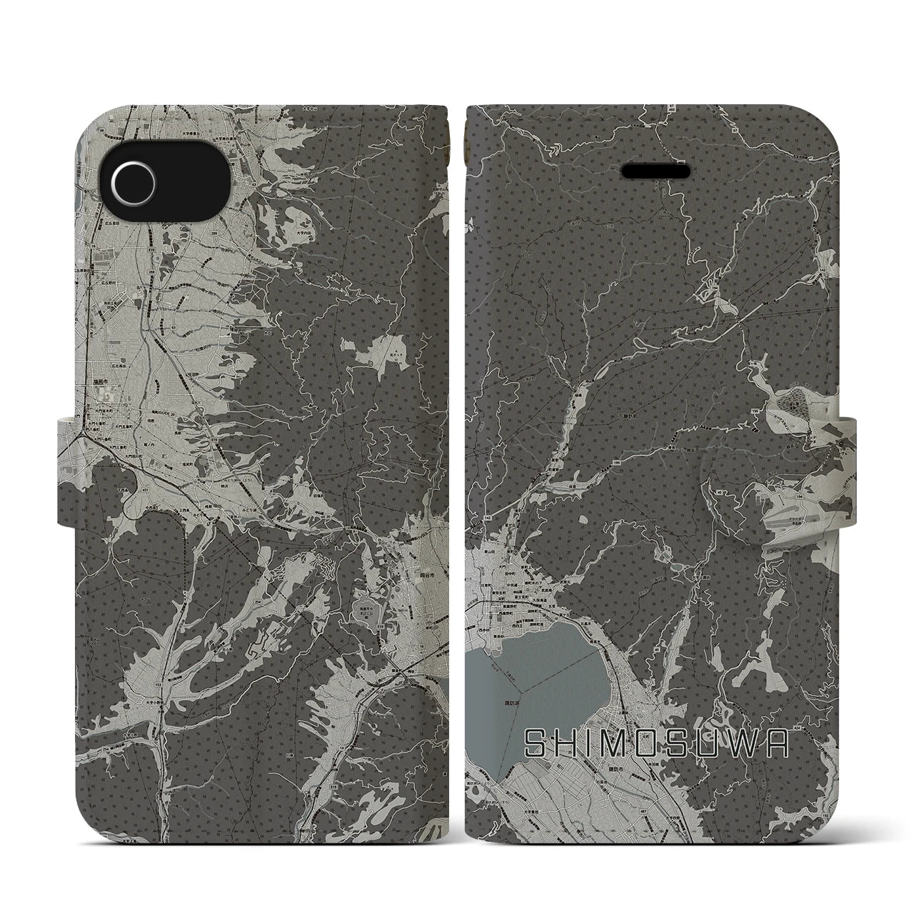 【下諏訪(長野県)】地図柄iPhoneケース(手帳タイプ)モノトーン・iPhone SE(第3 / 第2世代) / 8 / 7 / 6s / 6 用