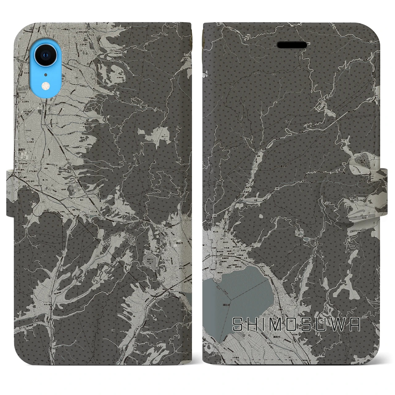 【下諏訪(長野県)】地図柄iPhoneケース(手帳タイプ)モノトーン・iPhone XR 用