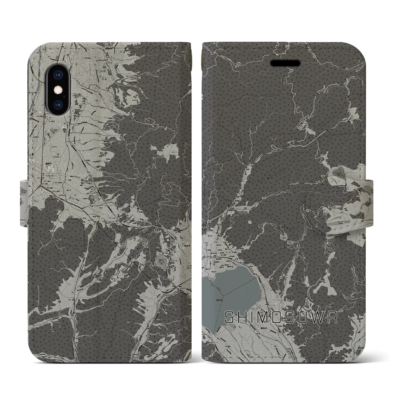 【下諏訪(長野県)】地図柄iPhoneケース(手帳タイプ)モノトーン・iPhone XS / X 用