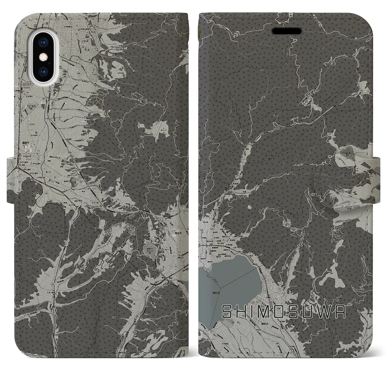【下諏訪(長野県)】地図柄iPhoneケース(手帳タイプ)モノトーン・iPhone XS Max 用