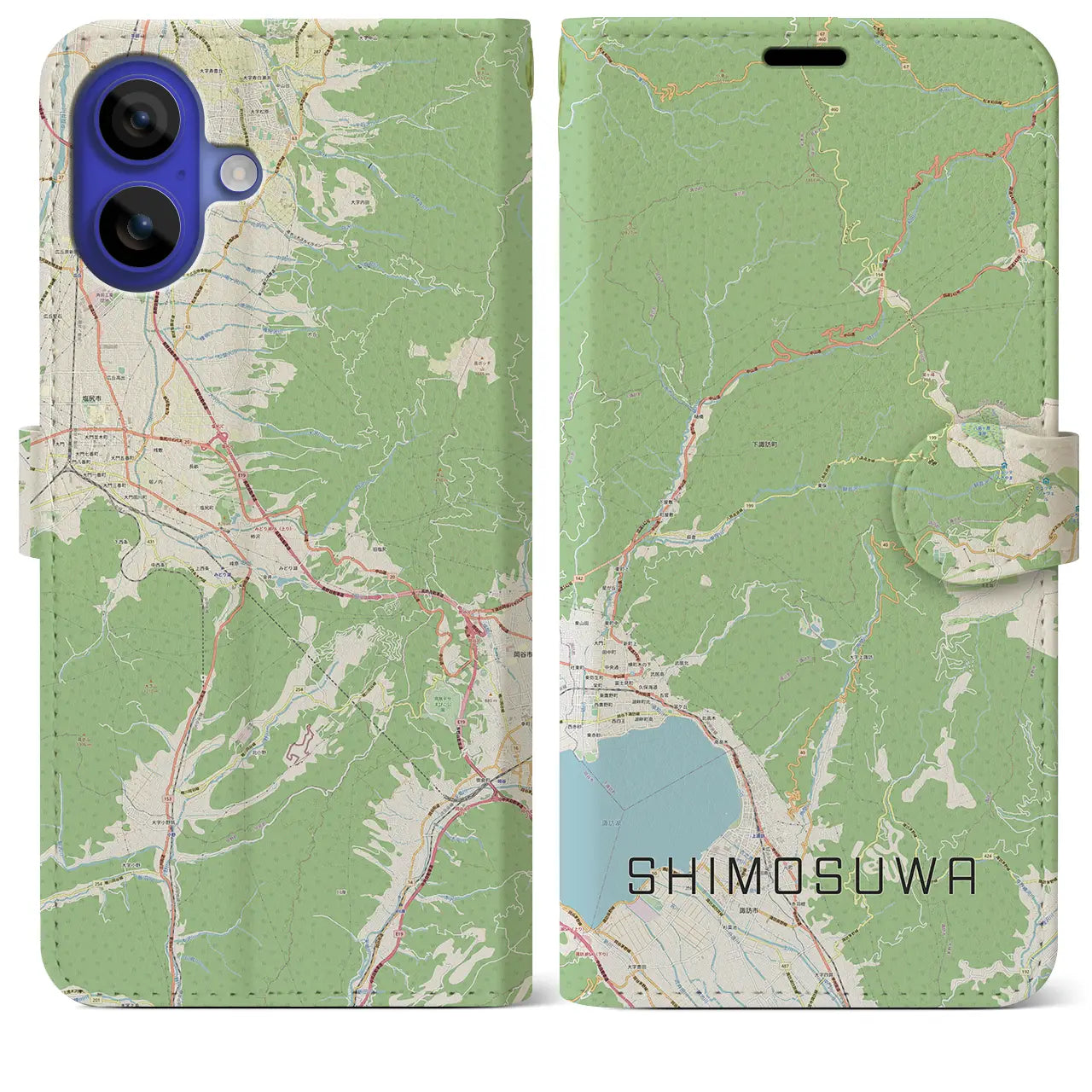 【下諏訪(長野県)】地図柄iPhoneケース(手帳タイプ)ナチュラル・iPhone 16 Pro Max 用