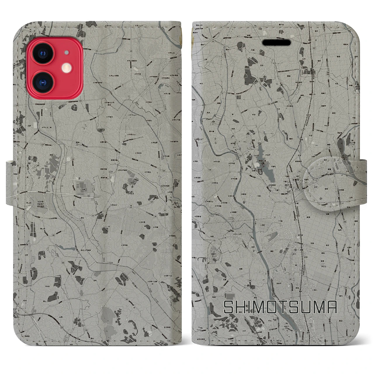 【下妻(茨城県)】地図柄iPhoneケース(手帳タイプ)モノトーン・iPhone 11 用