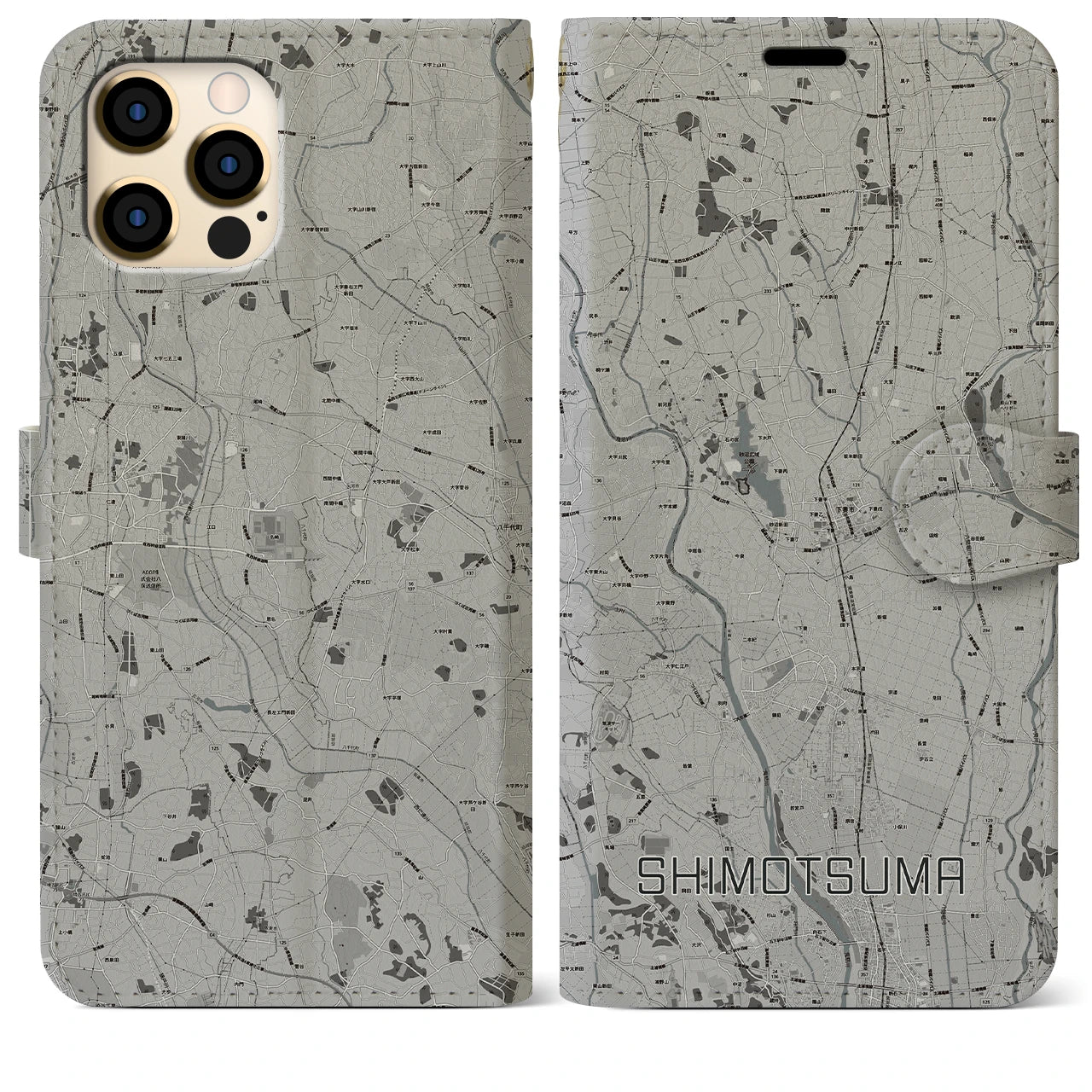 【下妻(茨城県)】地図柄iPhoneケース(手帳タイプ)モノトーン・iPhone 12 Pro Max 用