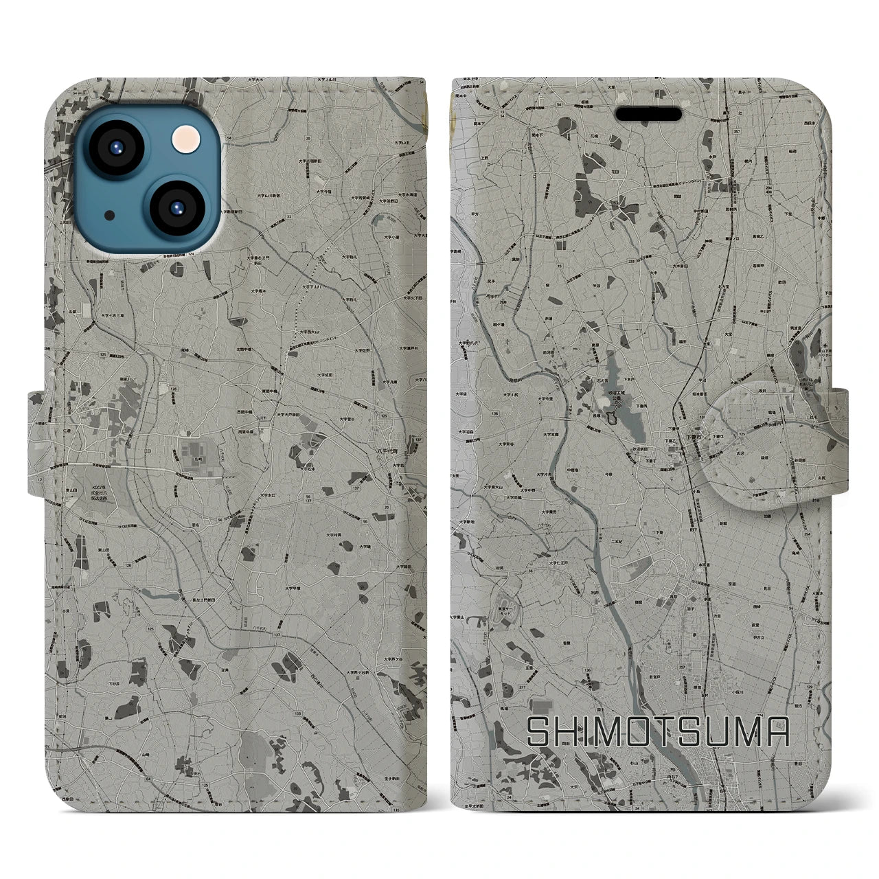 【下妻(茨城県)】地図柄iPhoneケース(手帳タイプ)モノトーン・iPhone 13 用