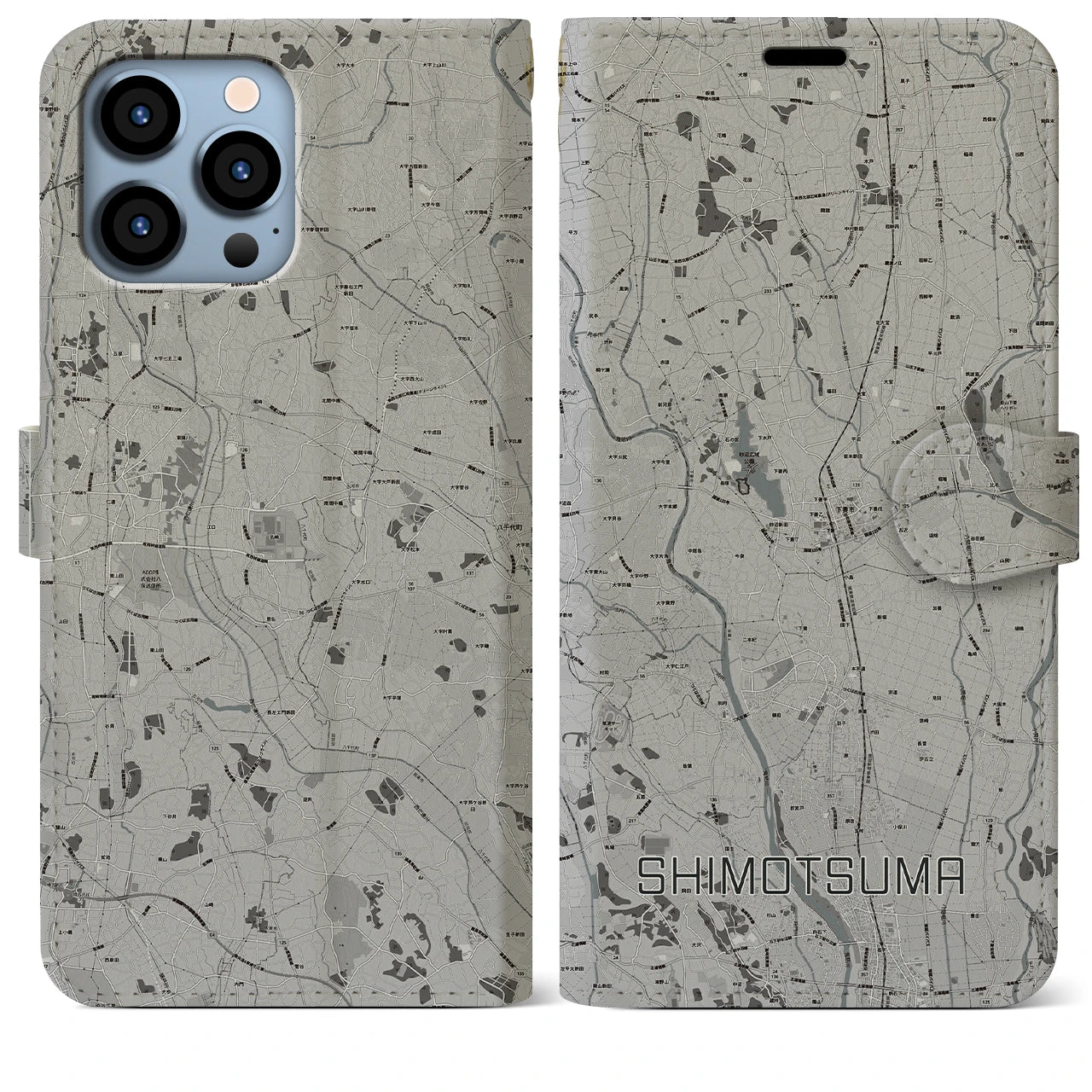 【下妻(茨城県)】地図柄iPhoneケース(手帳タイプ)モノトーン・iPhone 13 Pro Max 用