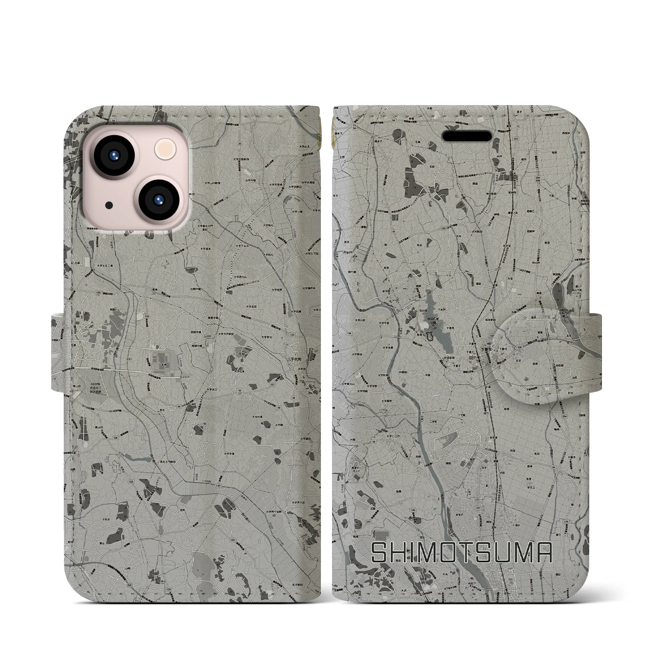 【下妻(茨城県)】地図柄iPhoneケース(手帳タイプ)モノトーン・iPhone 13 mini 用