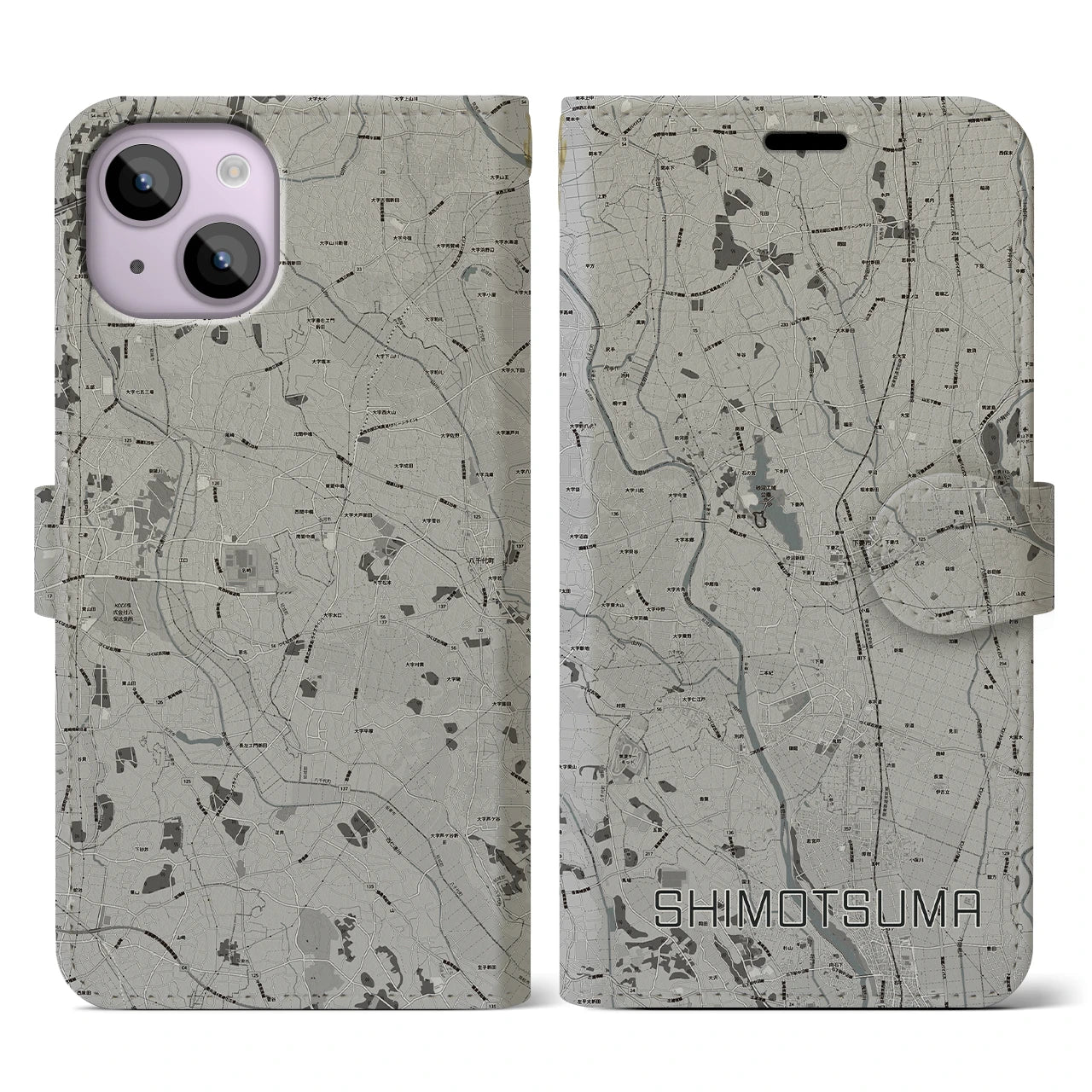 【下妻(茨城県)】地図柄iPhoneケース(手帳タイプ)モノトーン・iPhone 14 用