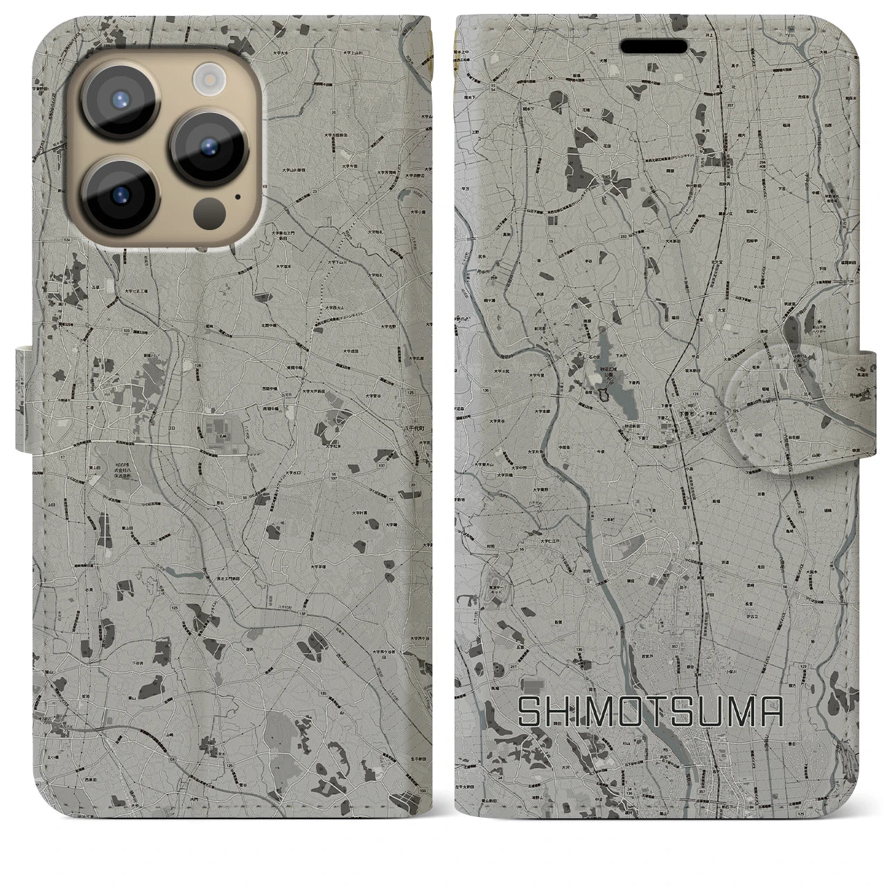【下妻(茨城県)】地図柄iPhoneケース(手帳タイプ)モノトーン・iPhone 14 Pro Max 用