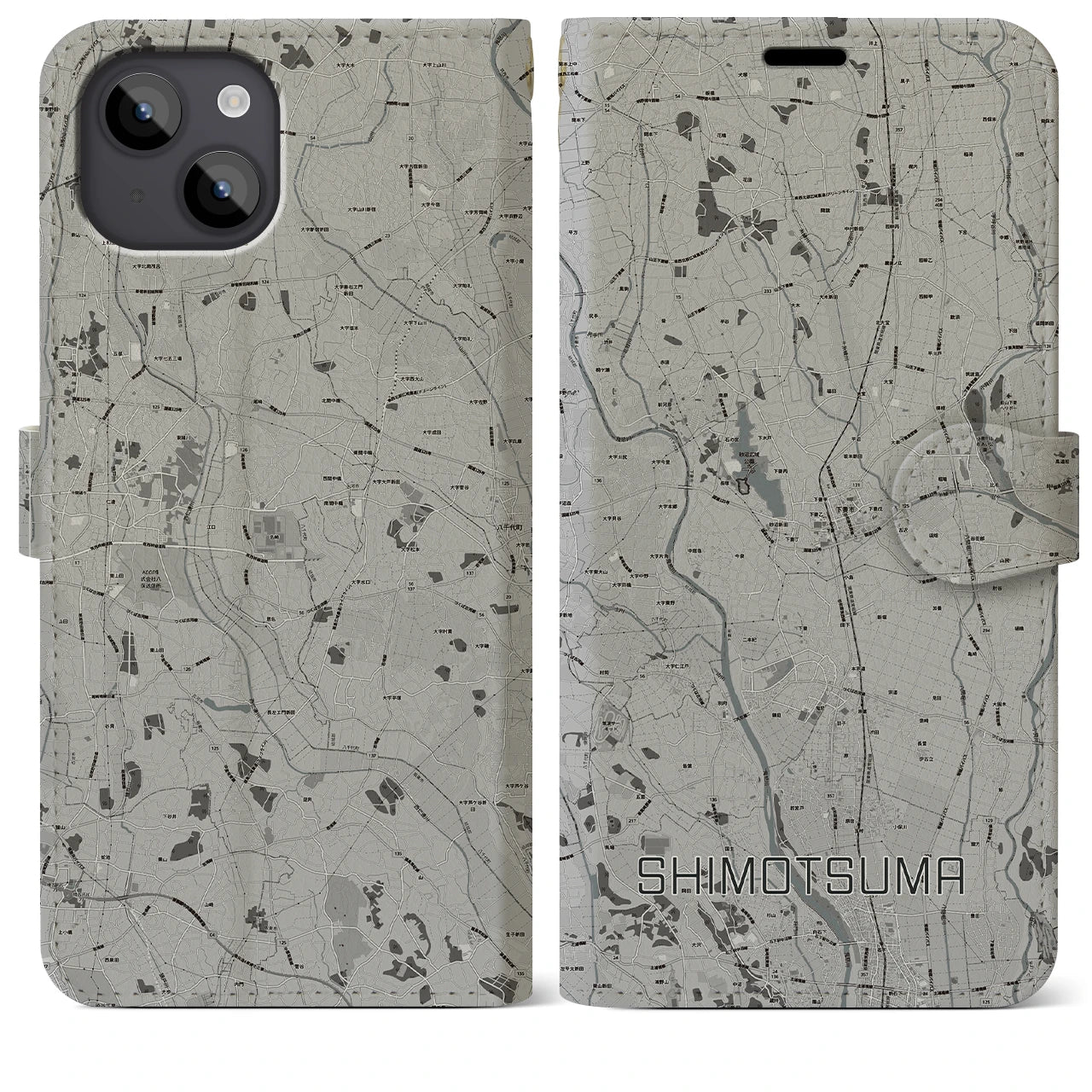 【下妻(茨城県)】地図柄iPhoneケース(手帳タイプ)モノトーン・iPhone 14 Plus 用