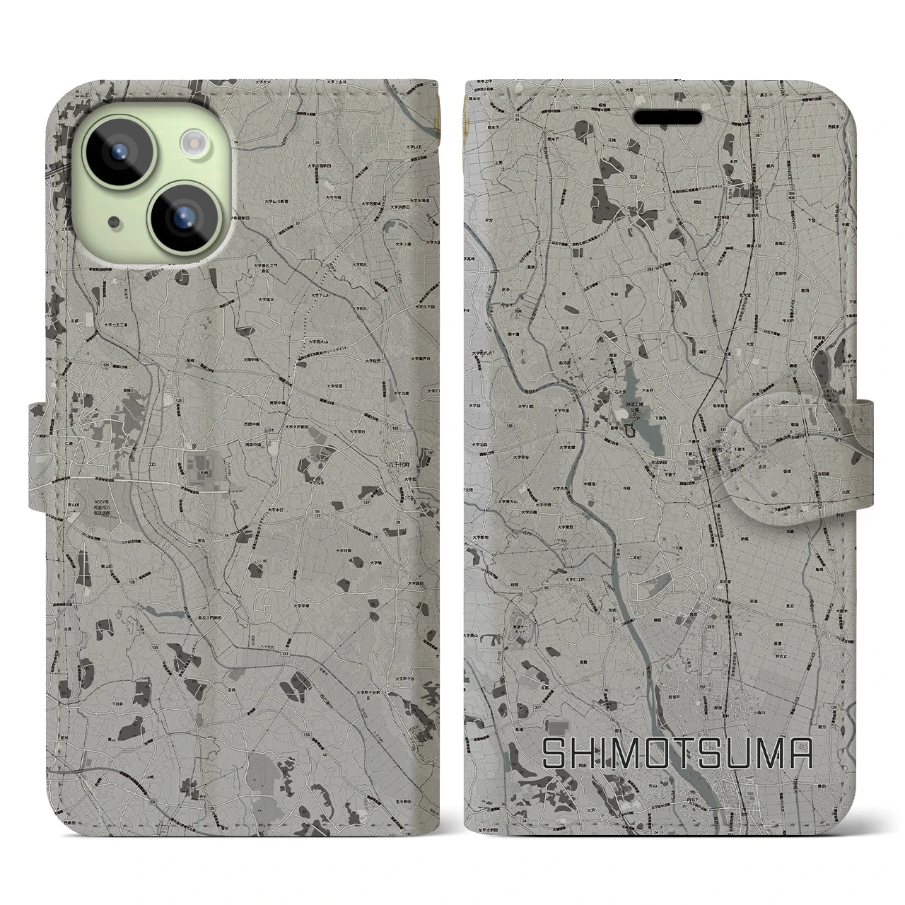 【下妻(茨城県)】地図柄iPhoneケース(手帳タイプ)モノトーン・iPhone 15 用