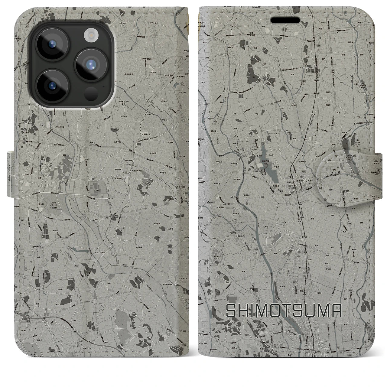 【下妻(茨城県)】地図柄iPhoneケース(手帳タイプ)モノトーン・iPhone 15 Pro Max 用