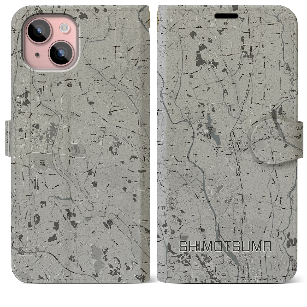 【下妻(茨城県)】地図柄iPhoneケース(手帳タイプ)モノトーン・iPhone 15 Plus 用