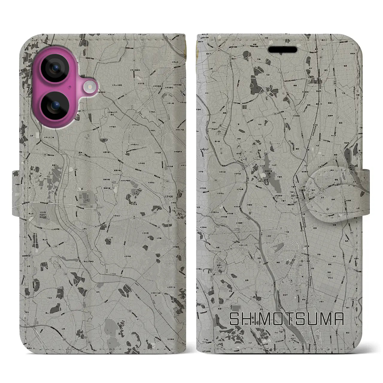 【下妻(茨城県)】地図柄iPhoneケース(手帳タイプ)モノトーン・iPhone 16 Pro 用