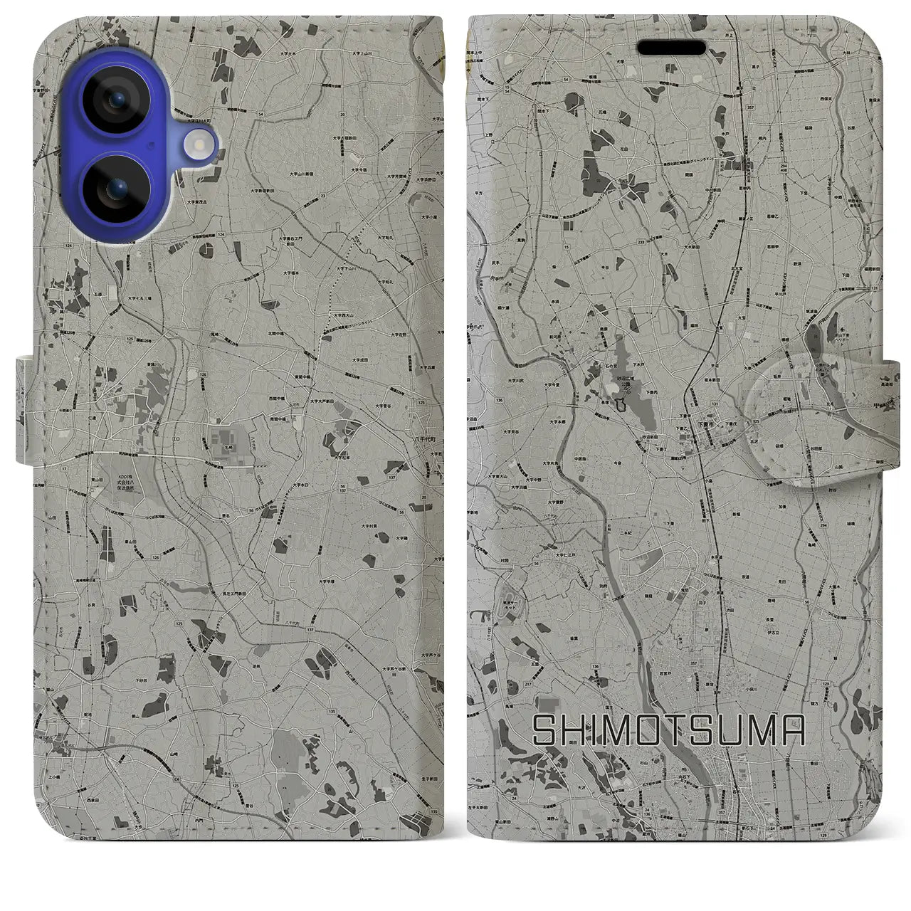 【下妻(茨城県)】地図柄iPhoneケース(手帳タイプ)モノトーン・iPhone 16 Pro Max 用
