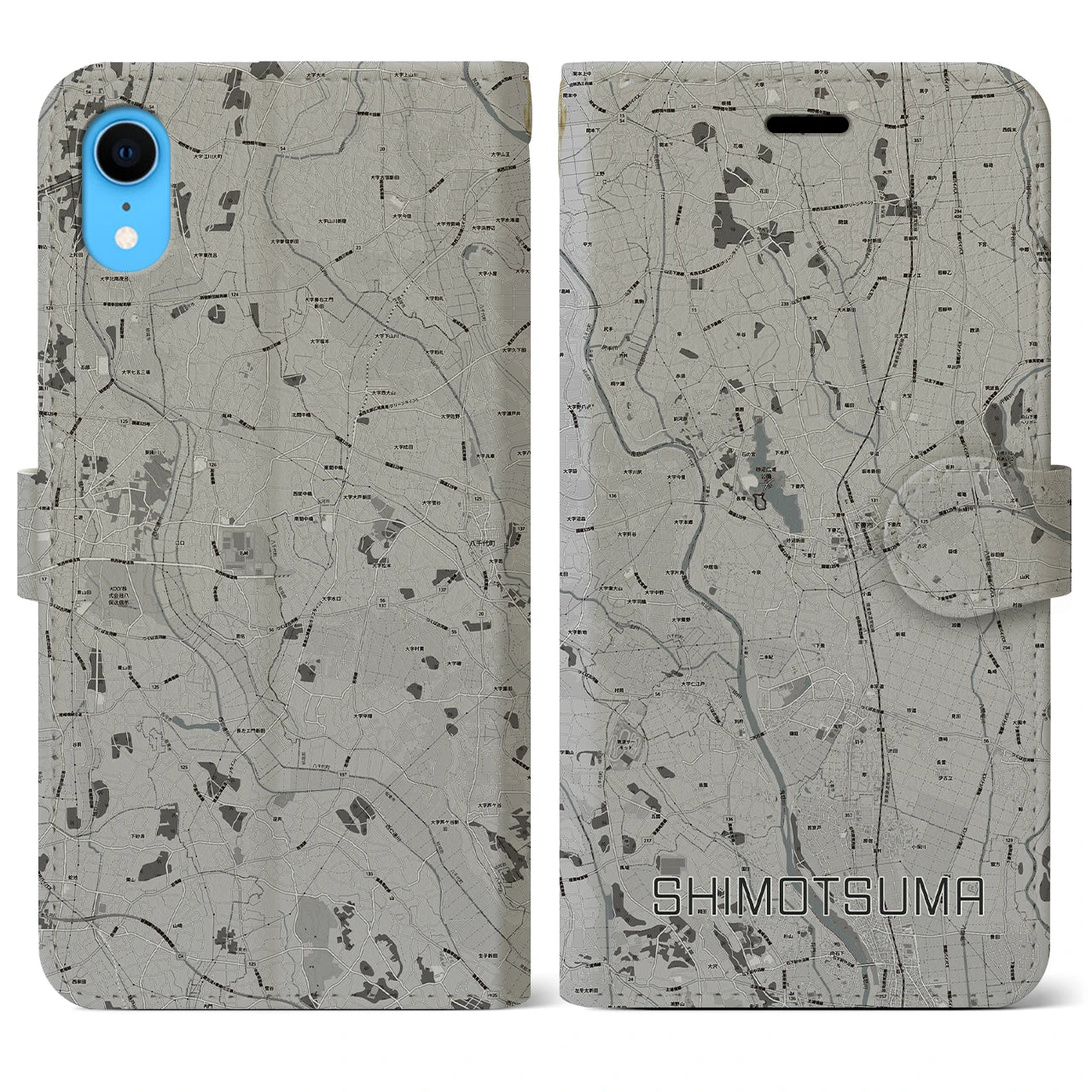 【下妻(茨城県)】地図柄iPhoneケース(手帳タイプ)モノトーン・iPhone XR 用