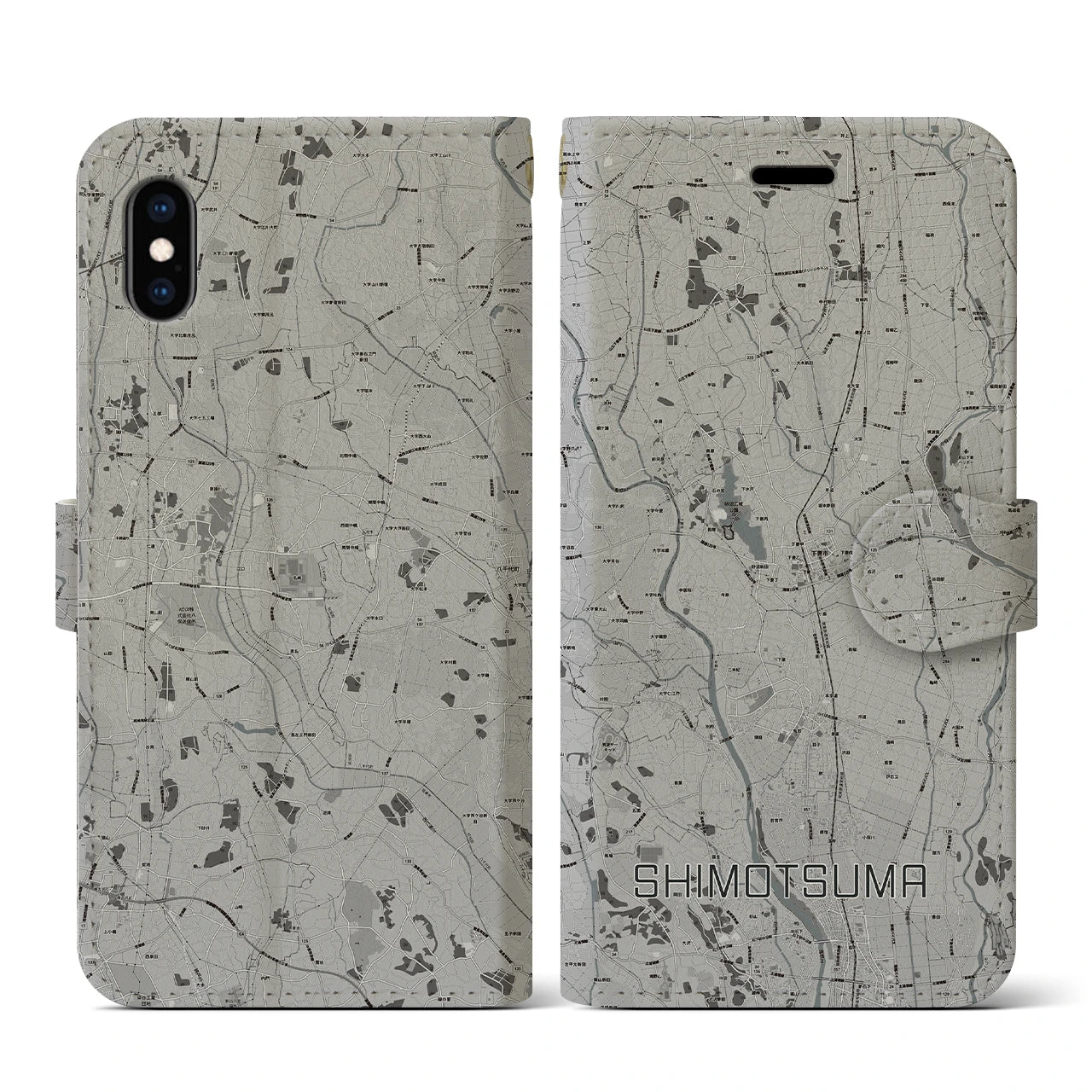 【下妻(茨城県)】地図柄iPhoneケース(手帳タイプ)モノトーン・iPhone XS / X 用