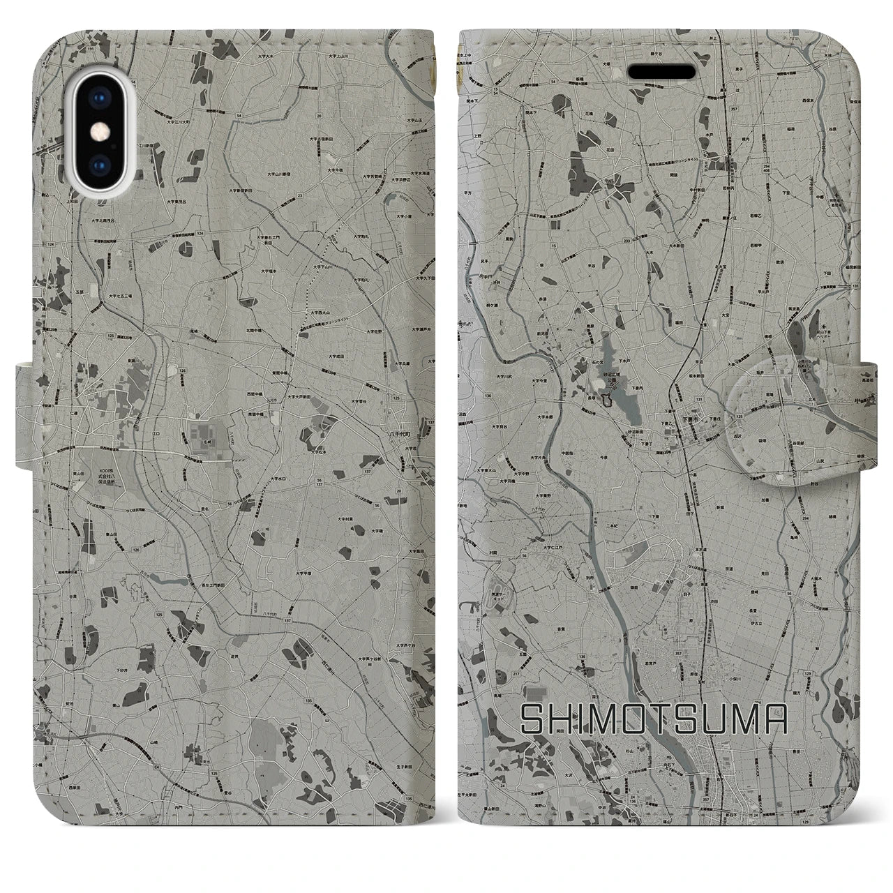 【下妻(茨城県)】地図柄iPhoneケース(手帳タイプ)モノトーン・iPhone XS Max 用
