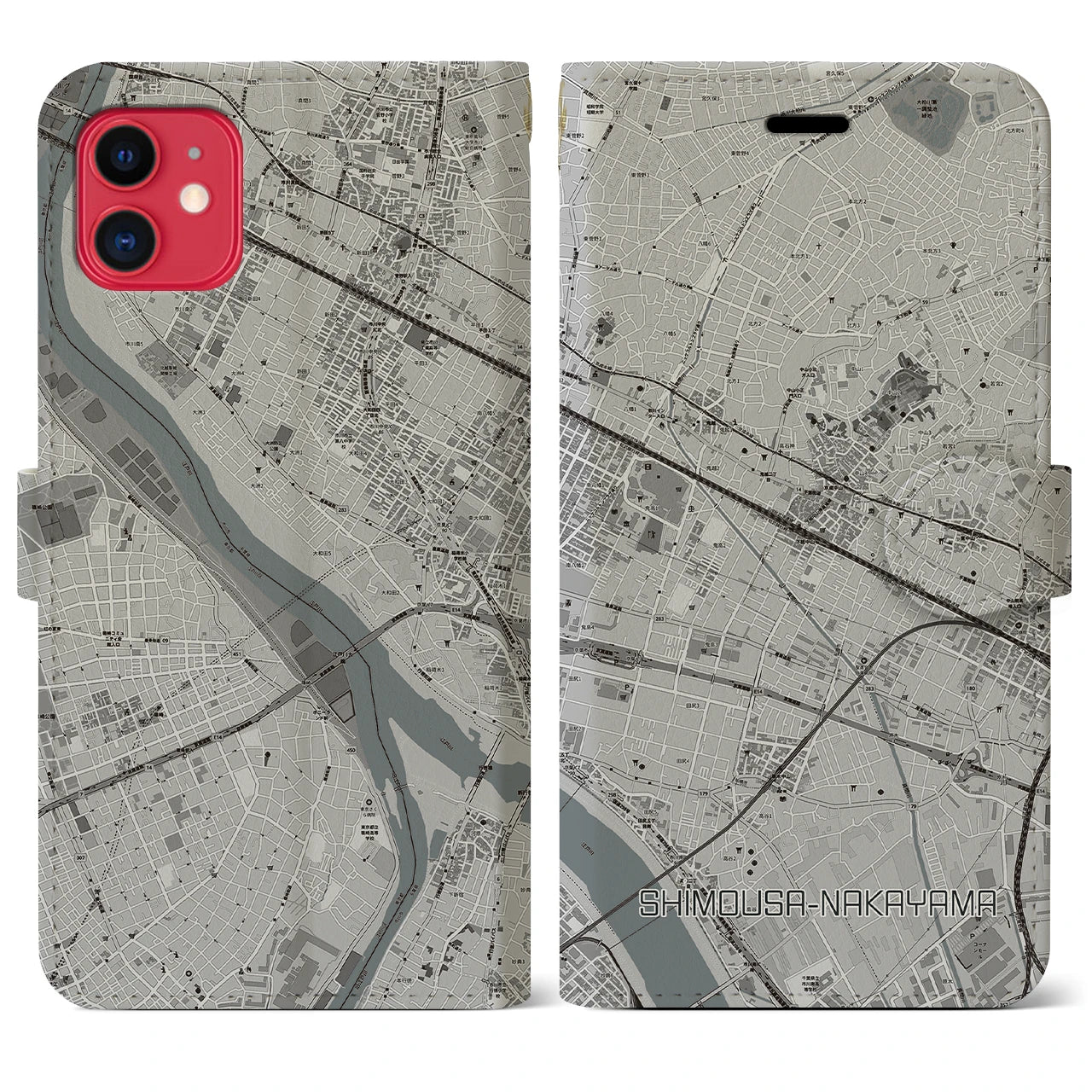 【下総中山(千葉県)】地図柄iPhoneケース(手帳タイプ)モノトーン・iPhone 11 用