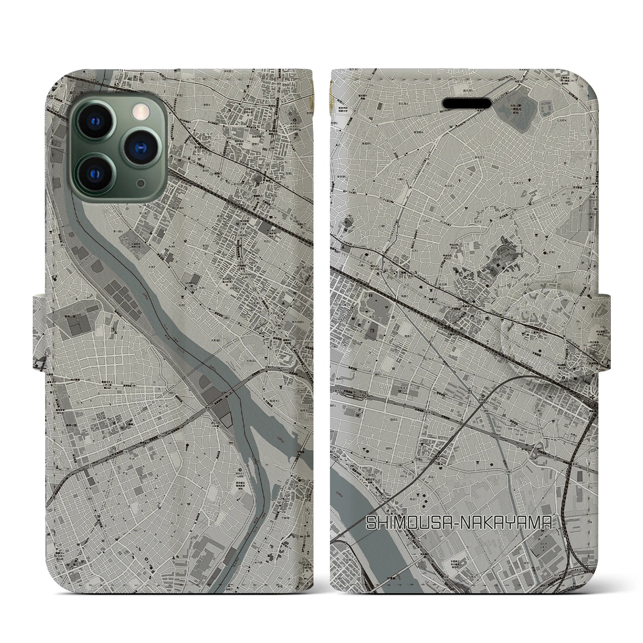 【下総中山(千葉県)】地図柄iPhoneケース(手帳タイプ)モノトーン・iPhone 11 Pro 用