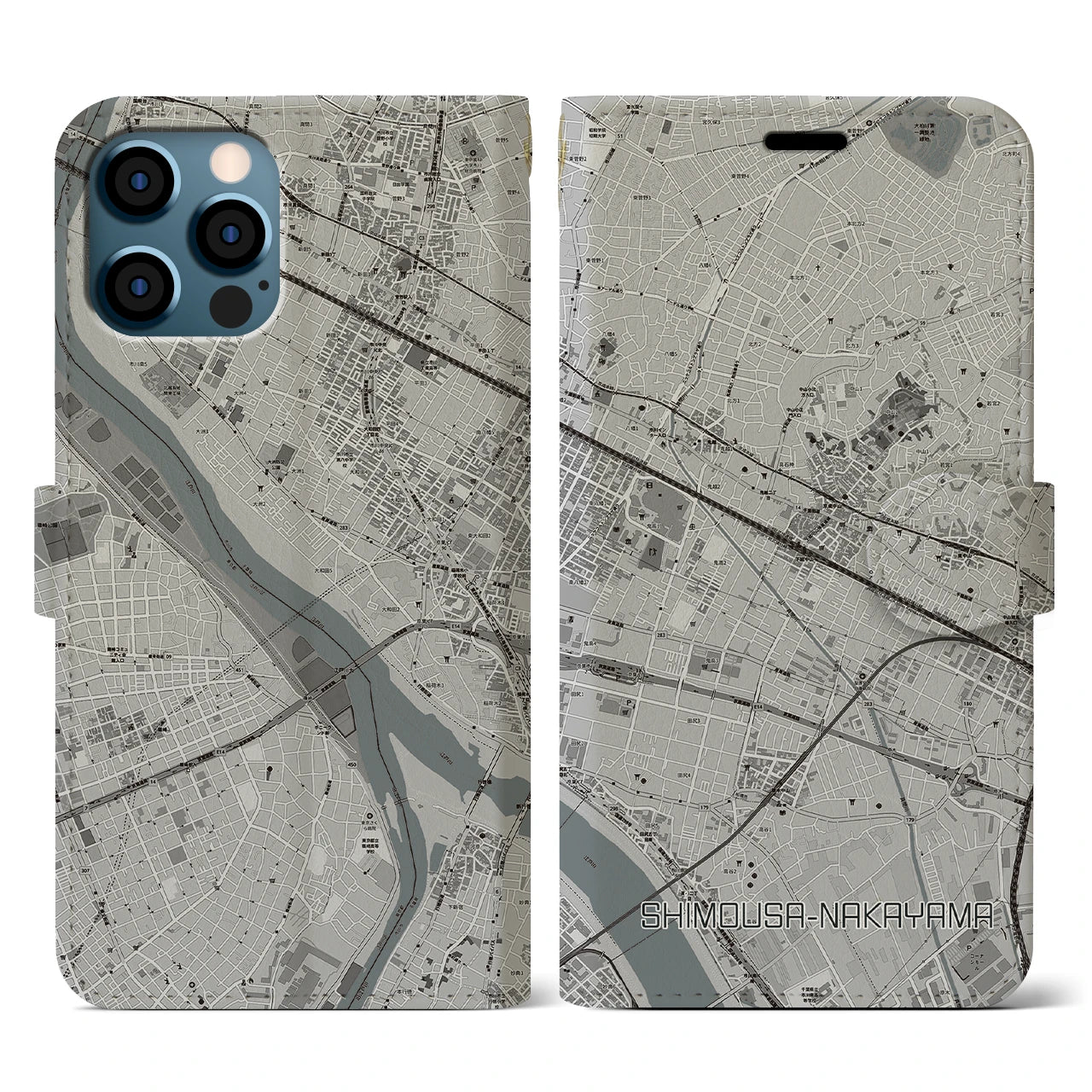 【下総中山(千葉県)】地図柄iPhoneケース(手帳タイプ)モノトーン・iPhone 12 / 12 Pro 用