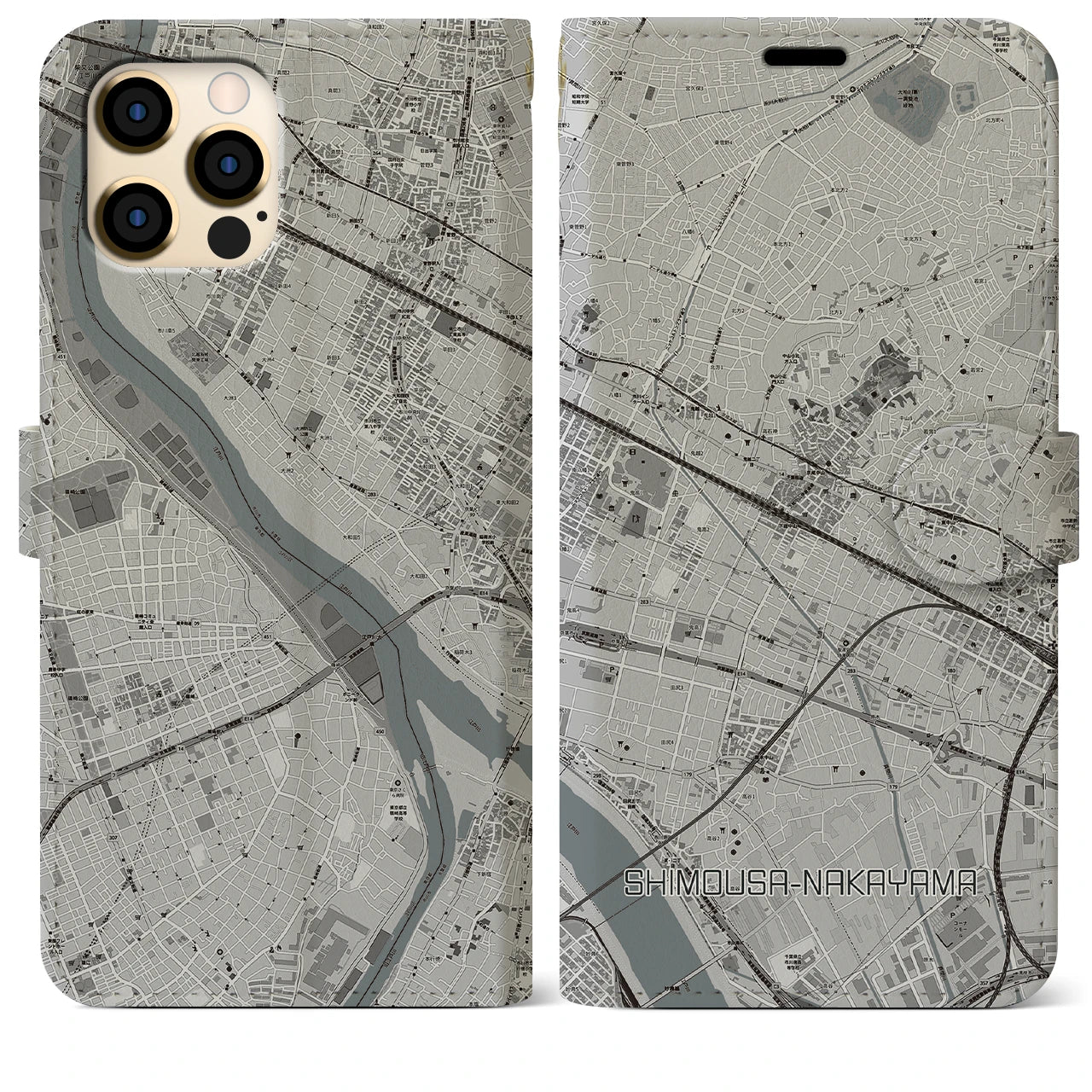 【下総中山(千葉県)】地図柄iPhoneケース(手帳タイプ)モノトーン・iPhone 12 Pro Max 用