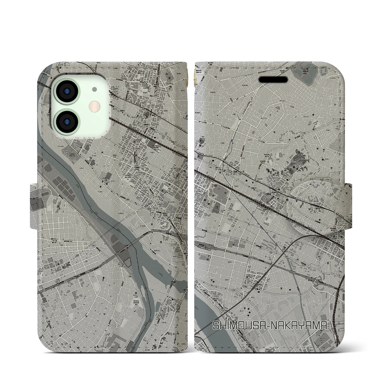 【下総中山(千葉県)】地図柄iPhoneケース(手帳タイプ)モノトーン・iPhone 12 mini 用