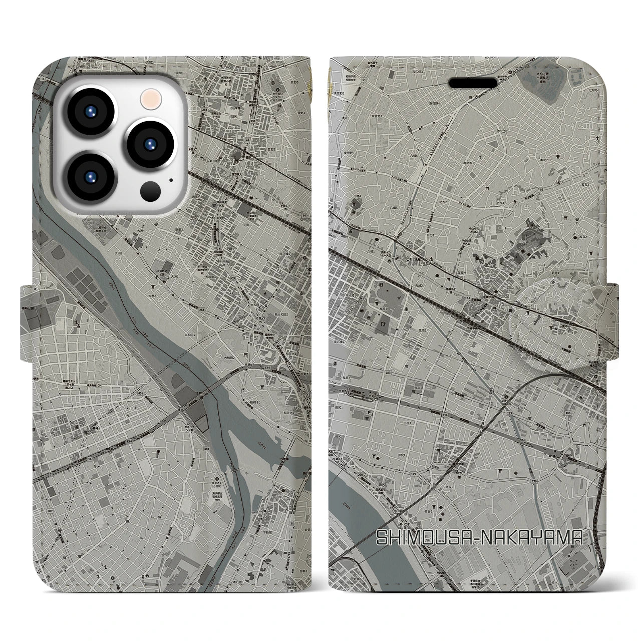 【下総中山(千葉県)】地図柄iPhoneケース(手帳タイプ)モノトーン・iPhone 13 Pro 用