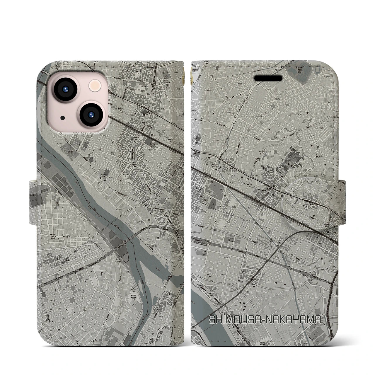 【下総中山(千葉県)】地図柄iPhoneケース(手帳タイプ)モノトーン・iPhone 13 mini 用