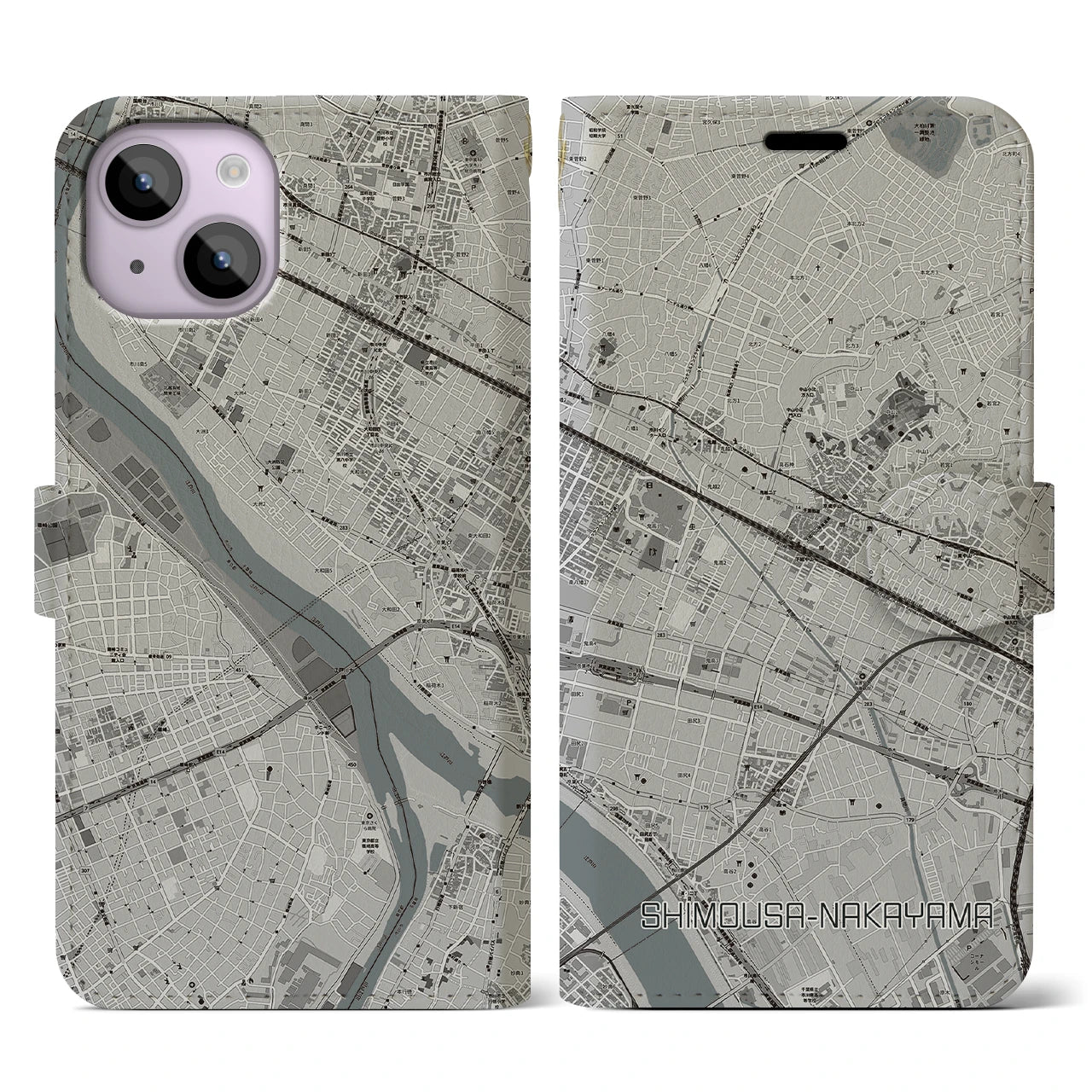 【下総中山(千葉県)】地図柄iPhoneケース(手帳タイプ)モノトーン・iPhone 14 用