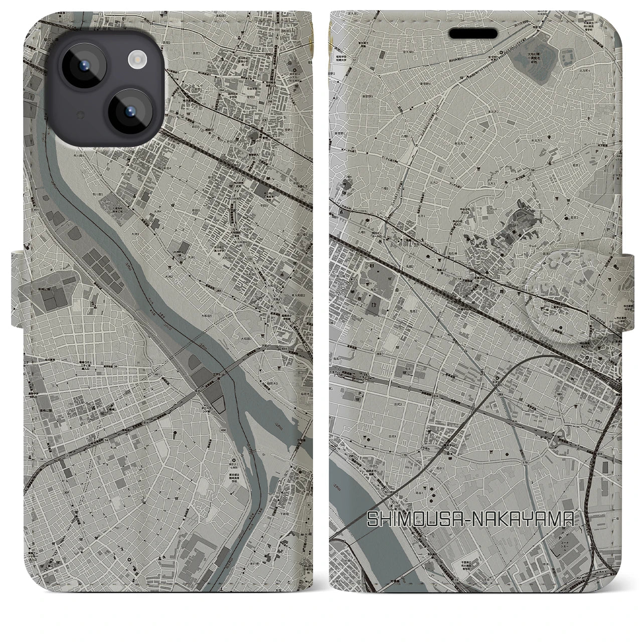 【下総中山(千葉県)】地図柄iPhoneケース(手帳タイプ)モノトーン・iPhone 14 Plus 用