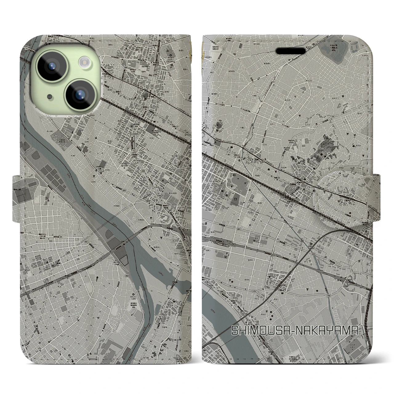 【下総中山(千葉県)】地図柄iPhoneケース(手帳タイプ)モノトーン・iPhone 15 用