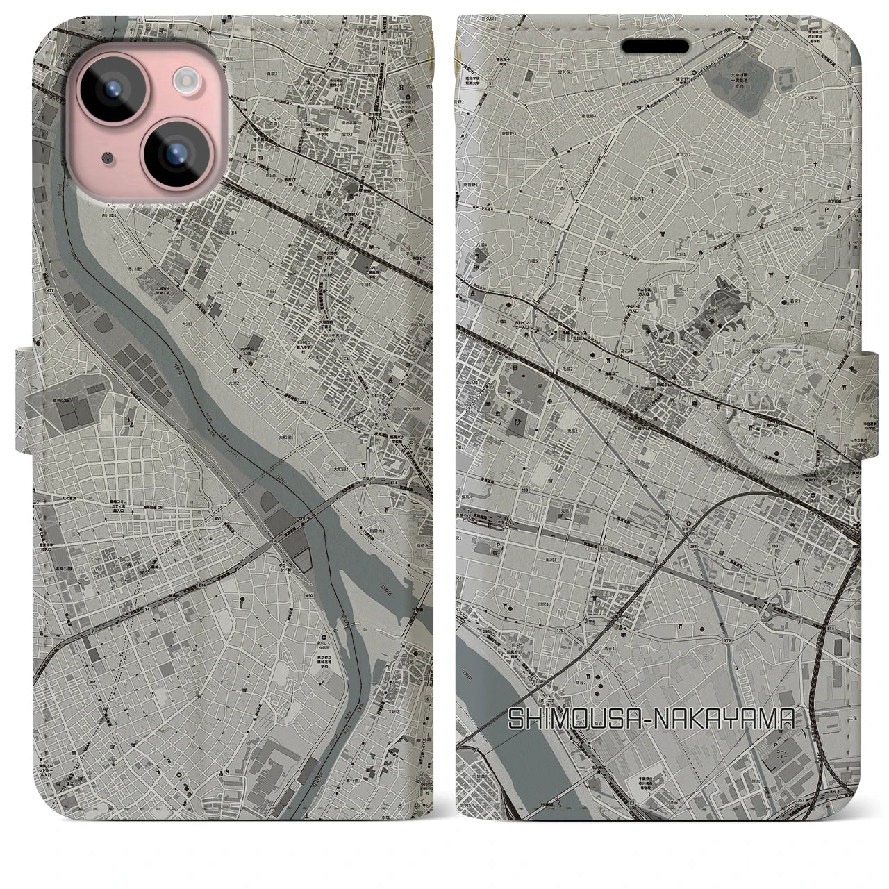 【下総中山(千葉県)】地図柄iPhoneケース(手帳タイプ)モノトーン・iPhone 15 Plus 用