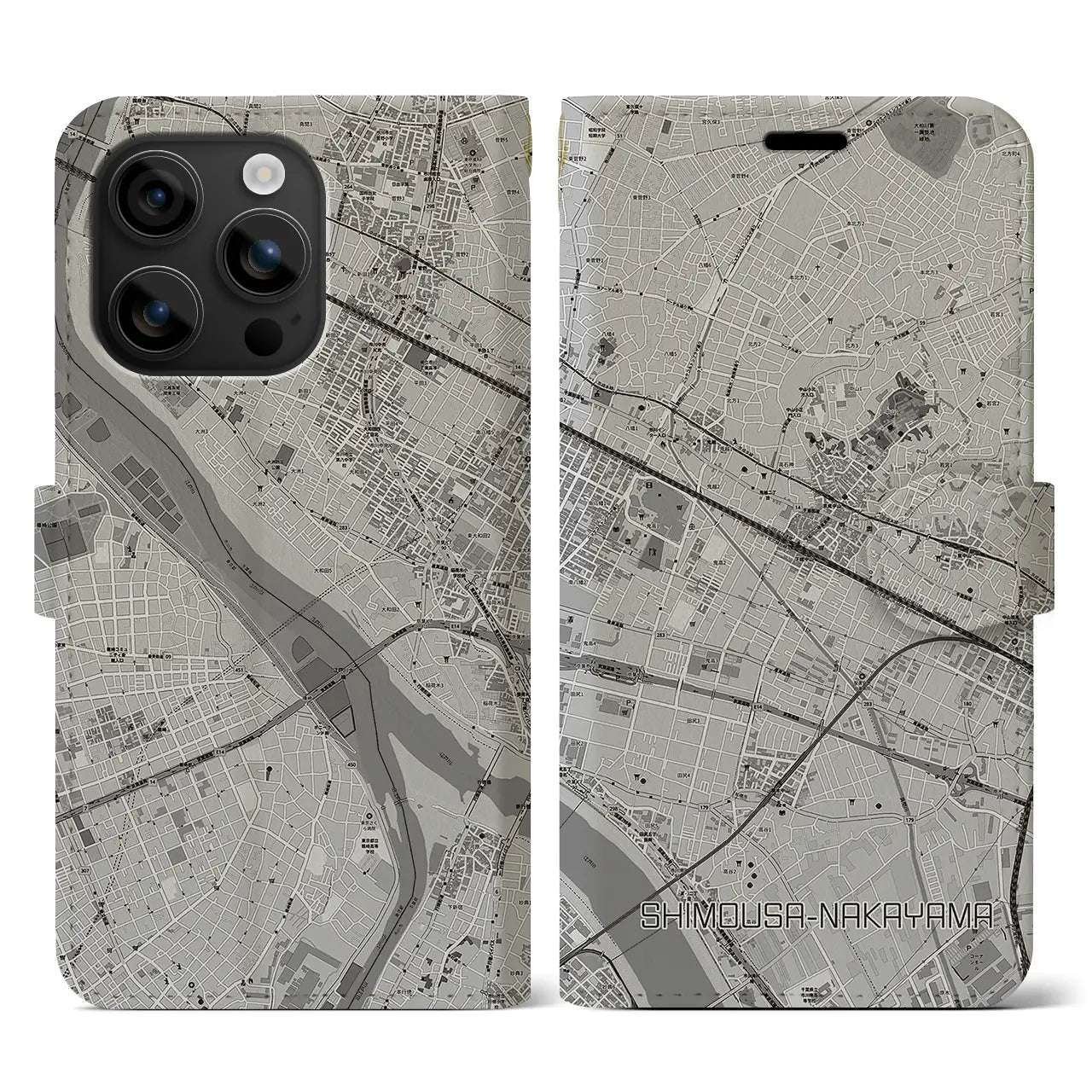 【下総中山(千葉県)】地図柄iPhoneケース(手帳タイプ)モノトーン・iPhone 16 用