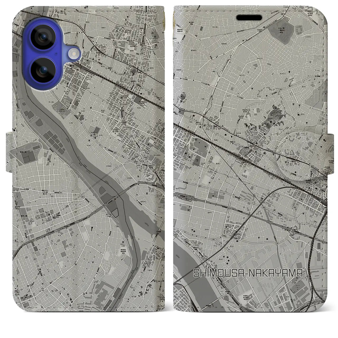 【下総中山(千葉県)】地図柄iPhoneケース(手帳タイプ)モノトーン・iPhone 16 Pro Max 用